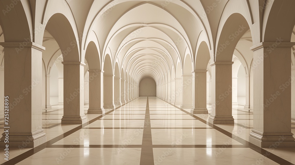 Symmetrical corridor with arches and marble floors. Symmetrical corridor with arches and marble floors.
