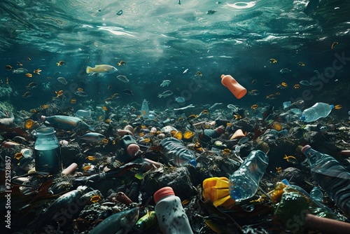 Global problem of the pollution in the ocean with a died fish surrounded by plastic. Generative AI