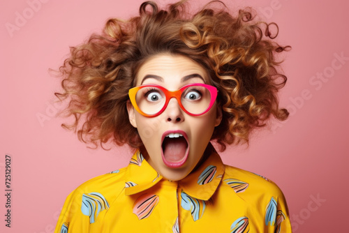 Portrait of young woman in colorful clothes and glasses with big eyes and open mouth expressing the emotion of shock © stock_acc