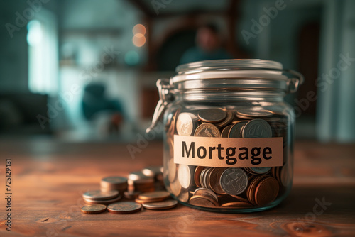 Close-up of a glass jar filled with coins, labeled Mortgage. Concept of saving money to pay mortgage rates