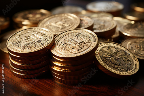 A close-up of meticulously crafted gold coins showcasing intricate detailing and historical motifs