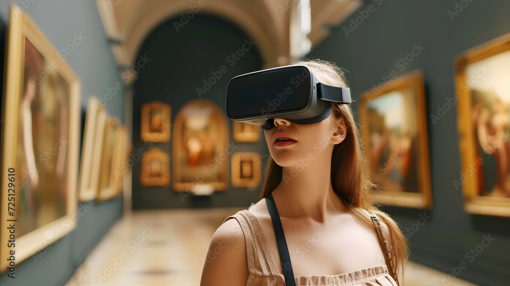 Immersive Art Experience: Young Woman Exploring a Virtual Reality Art Gallery Immersive Art Experience: Young Woman Exploring a Virtual Reality Art Gallery