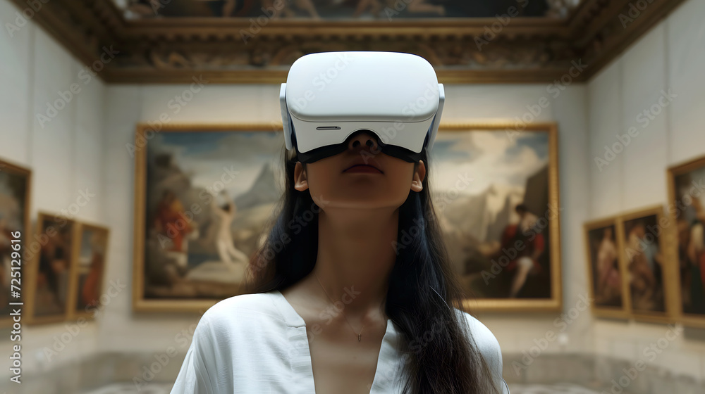 Immersive Art Experience: Young Woman Exploring a Virtual Reality Art Gallery Immersive Art Experience: Young Woman Exploring a Virtual Reality Art Gallery