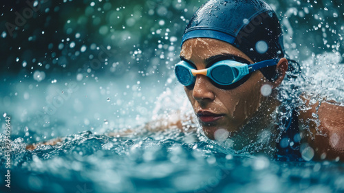 Determined female triathlete swims in the rain with unwavering focus.