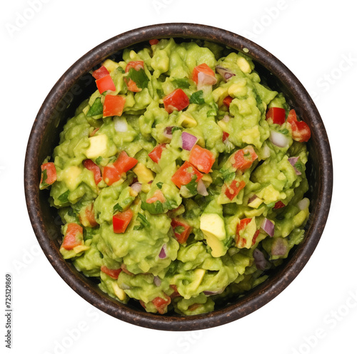 Guacamole sauce top view, isolated on Transparent background. Mexican guacamole salsa in stone molcajetes shot top down and isolated.