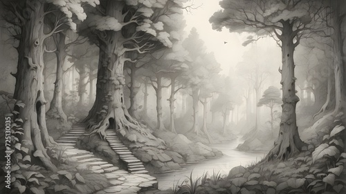 Pencil sketch tree in the forest