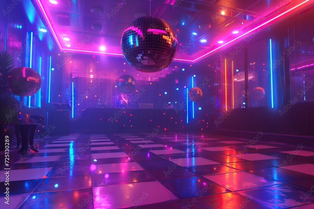 Discotheque with disco balls and colorful neon lights. Generative AI