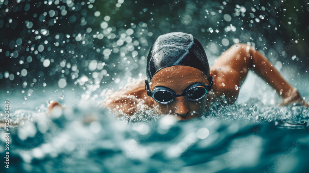 Determined female triathlete swims in the rain with unwavering focus.