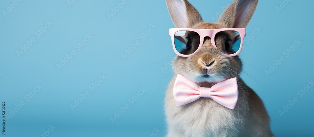 Close-up a rabbit wearing glasses and bowties pink isolated on blue background. Copy space add for text.