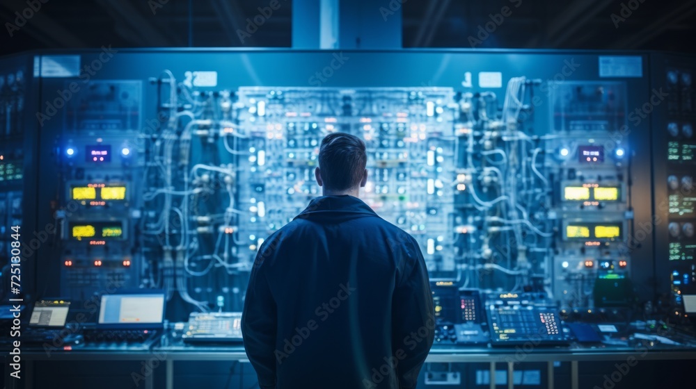 Engineer looking to work in the electrical control room. Neural network AI generated art Engineer looking to work in the electrical control room. Neural network AI generated art