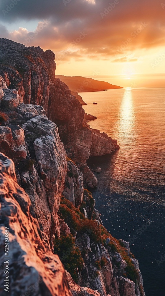 A breathtaking view of a coastal cliff at sunset, with the sea reflecting warm hues, creating a dramatic