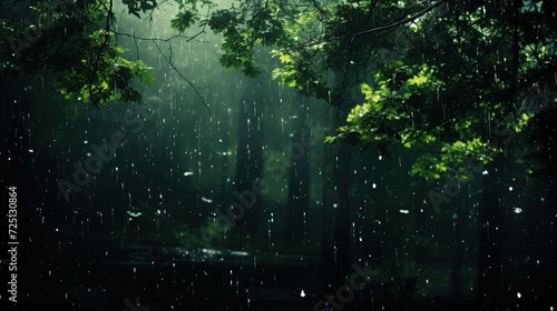 Heavy rain is falling in the dark green forest.