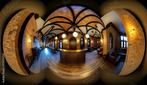 full spherical seamless hdri 360 panorama in interior stylish vintage loft nightclub bar with brick wall and neon light in equirectangular projection. VR content