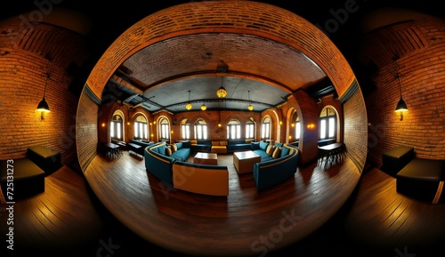 full spherical seamless hdri 360 panorama in interior stylish vintage loft nightclub bar with brick wall and neon light in equirectangular projection. VR content