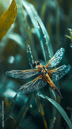 A close-up of a dragonfly resting on a blade of grass, showcasing the delicate details of nature in stunning © Amazing-World