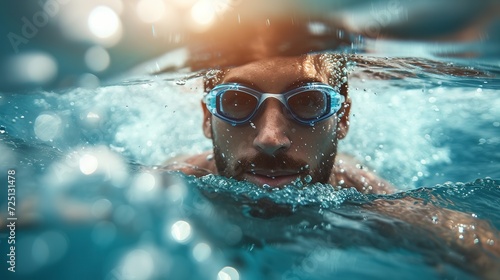 Men in the pool doing aquatic workouts. Close-up of a young man doing water activities such as swimming and water aerobics for health benefits. photo