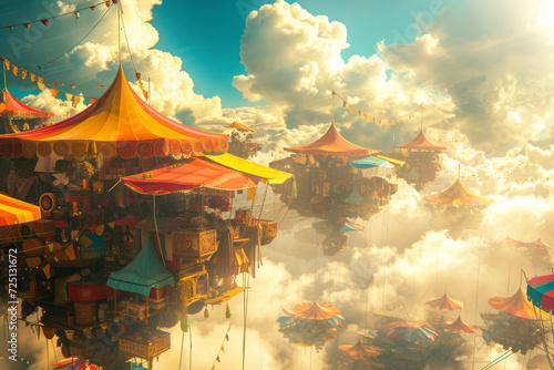 Fantasy floating marketplace, scene featuring a market floating in the sky with colorful tents and stalls. photo