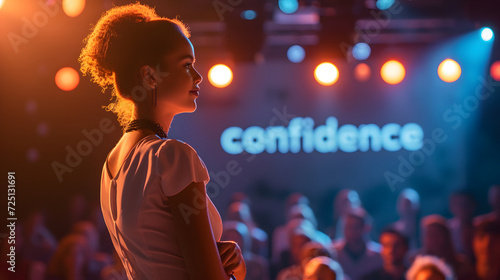 A young woman with a poised posture stands out in a crowd under the radiant glow of a neon confidence sign at a lively evening gathering