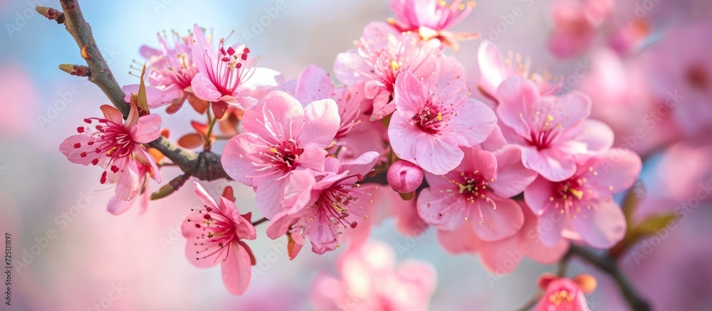 Fully bloomed pink flowers on a tree branch in the garden, shown in closeup.