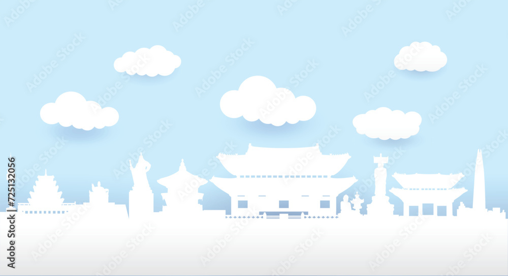 South Korea landmark silhouettes, Paper cut, vector and illustration. South Korea landmark silhouettes, Paper cut, vector and illustration.
