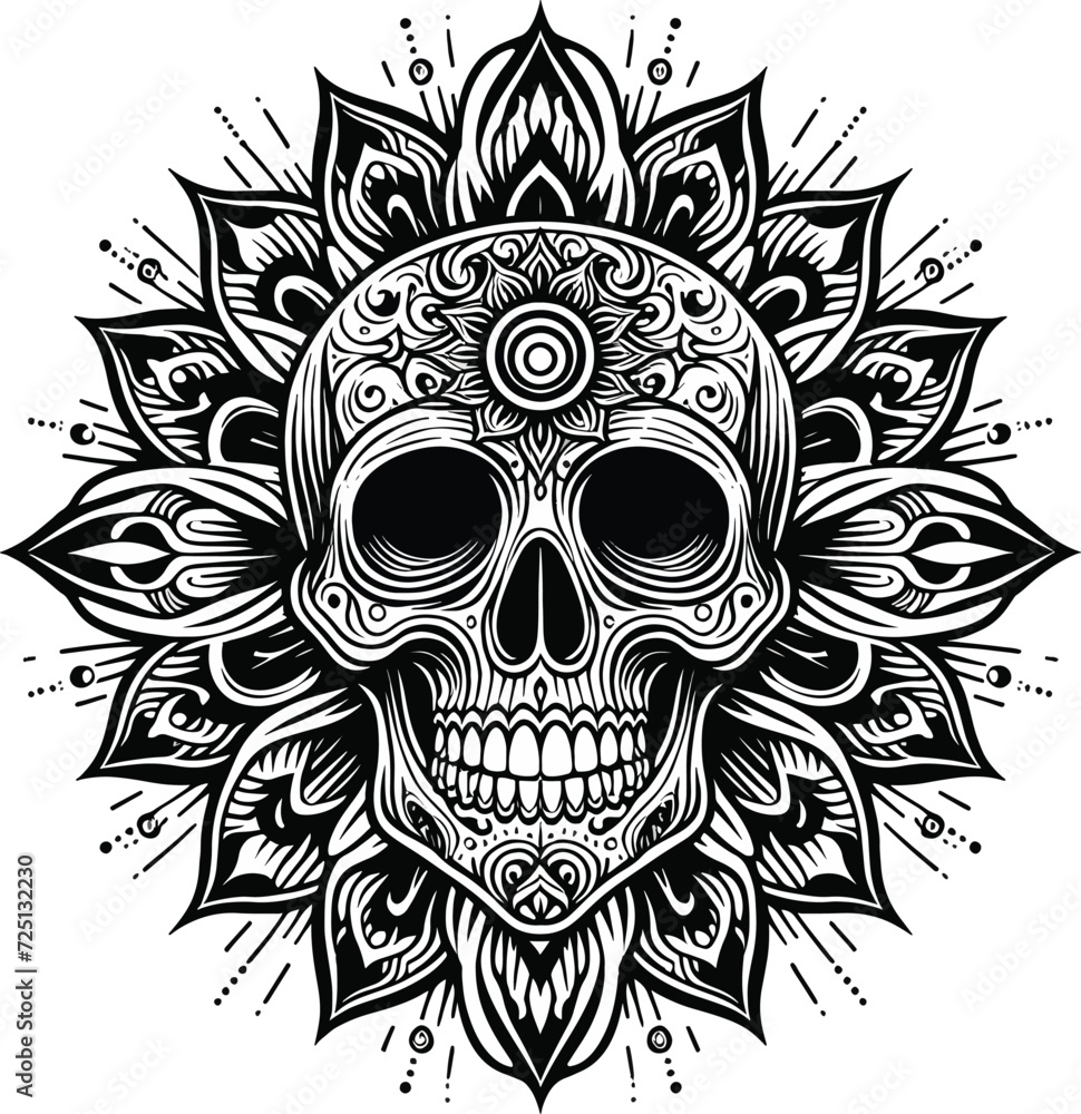 tribal skull tattoo, pattern, illustration, mandala, floral