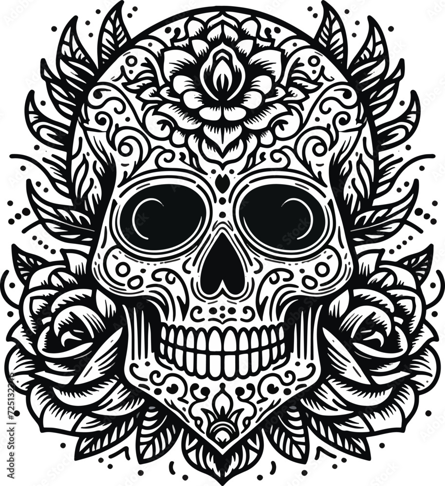 Obraz premium skulls and bones, floral design, black and white, white background, tattoo pattern
