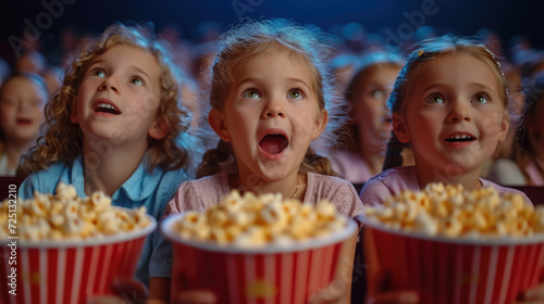 surprised happy delighted children watching a show in the circus and eating popcorn from buckets, kids, toddler, emotional face, portrait, person, childhood, joy, people, performance, cinema, concert