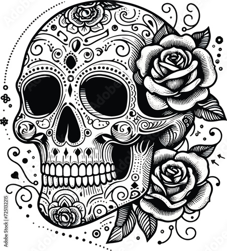 skull with roses, floral, flower, tattoo pattern, illustration, line art
