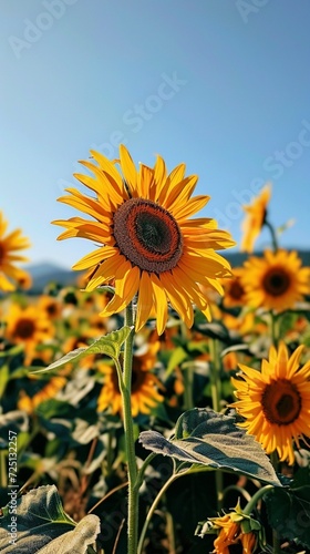 A field of sunflowers in full bloom under a clear blue sky  offering a bright and cheerful