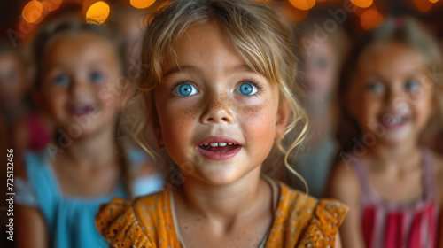 surprised happy delighted children watching show at circus or movie in cinema, kids, toddler, emotional, face, portrait, person, childhood, joy, people, performance © Julia Zarubina