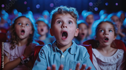 surprised happy delighted children watching show at circus or movie in cinema, kids, toddler, emotional, face, portrait, person, childhood, joy, people, performance