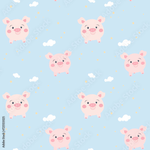 Watercolor cartoon little pig on pastel background seamless pattern