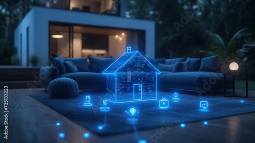 Futuristic Facade: sleek glass house showcasing digital smart home controls in the evening photo