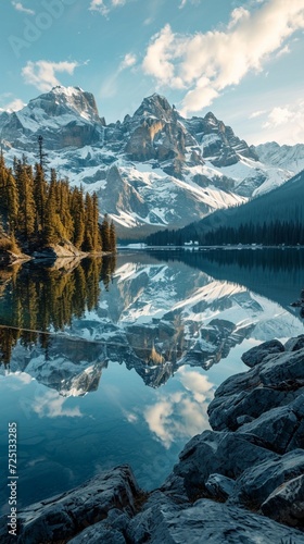 A serene mountain lake reflecting snow-capped peaks, a majestic alpine scene captured in stunning