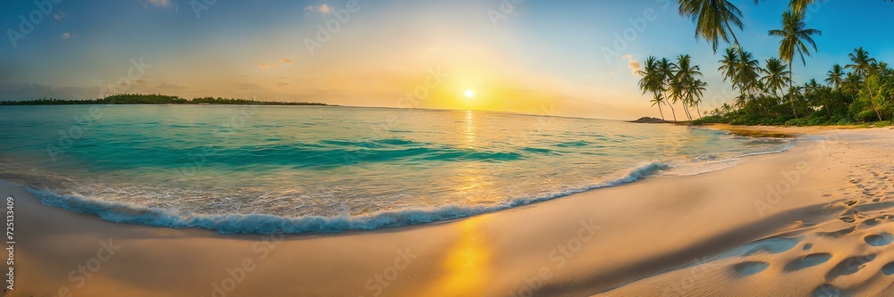 Sunset on ocean beach on a tropical island with palm trees and yellow sand