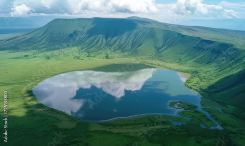 Elevated view of floor of Ngorongoro Crater from the southern edge of the crater. Looking toward Lerai Forest and the alkaline crater lake, Lake Magadi, with clouds covering the rim on other side. photo