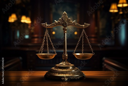 Justice scales in dim court. Generative AI