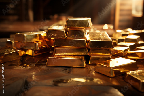 Sunlight gleaming off a diverse array of gold bars, neatly arranged in a high-security vault