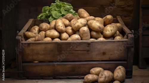 potatoes in a wooden box. Neural network AI generated art © mehaniq41