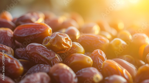 Close-up shot of dates, highlighting the texture and richness of the dates against palm tree