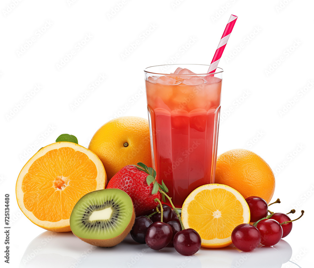 A tall glass of refreshing red fruit juice, adorned with a striped straw, surrounded by an assortment of fresh, colorful fruits on a white background. A tall glass of refreshing red fruit juice, adorned with a striped straw, surrounded by an assortment of fresh, colorful fruits on a white background.