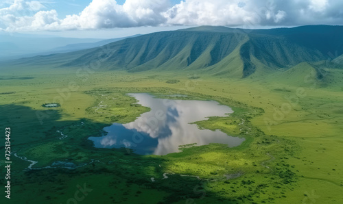 Elevated view of floor of Ngorongoro Crater from the southern edge of the crater. Looking toward Lerai Forest and the alkaline crater lake  Lake Magadi  with clouds covering the rim on other side.