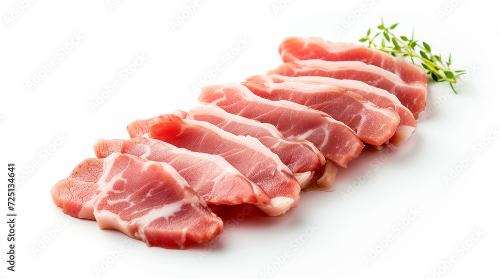 A close-up image of freshly sliced pork, neatly arranged and garnished with a sprig of green herbs on a clean white background