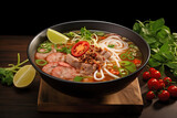 Delicious bowl of Asian chicken noodle soup Pho, garnished with fresh herbs, chili, and lime slices