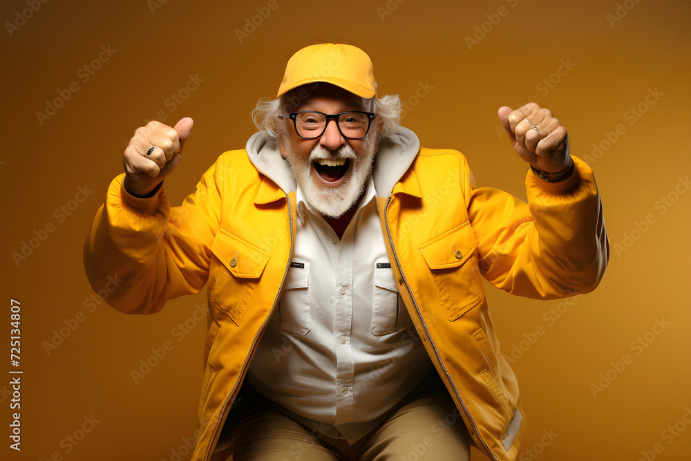 elderly fashionable bearded man in yellow clothes jumping up emotionally on an orange background