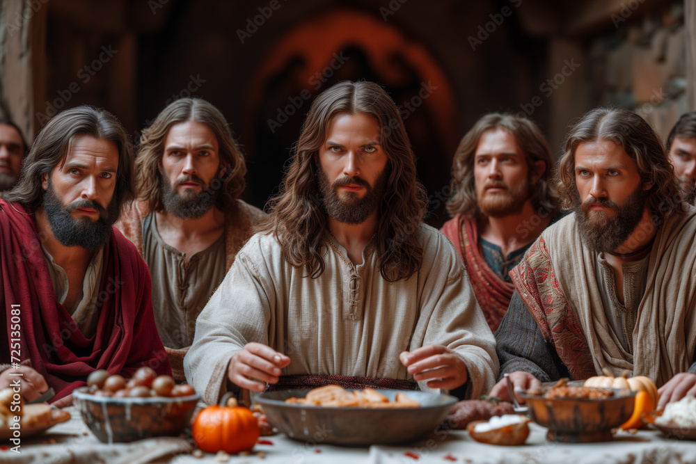 Last Supper of Jesus of Nazareth, biblical scene of the banquet with Jesus Christ and the apostles on Maundy Thursday Last Supper of Jesus of Nazareth, biblical scene of the banquet with Jesus Christ and the apostles on Maundy Thursday