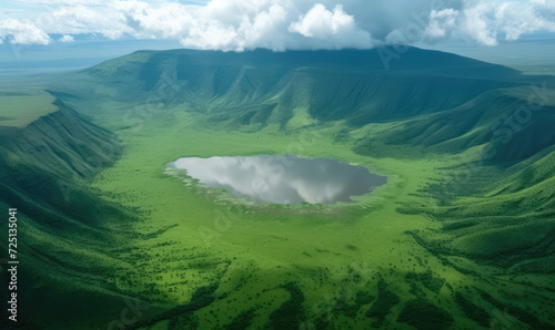 Elevated view of floor of Ngorongoro Crater from the southern edge of the crater. Looking toward Lerai Forest and the alkaline crater lake, Lake Magadi, with clouds covering the rim on other side. photo