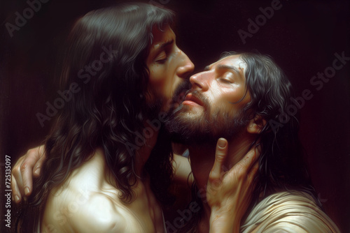Betrayal of Judas, kiss of the treacherous apostle to his friend Jesus Christ, biblical illustration of Maundy Thursday in a painting photo