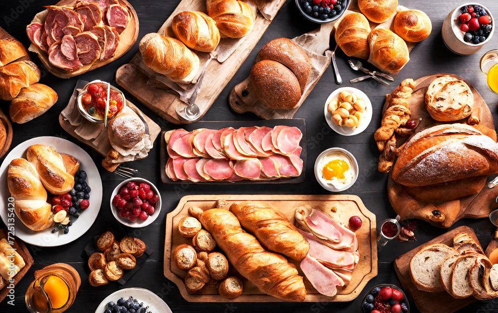  A Wooden Table Extravaganza of Bread Pastries and Cold Cuts created with Generative AI