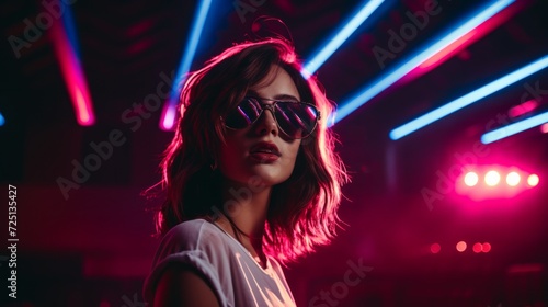 Teen hipster girl in stylish glasses standing on light background. Neural network AI generated art © mehaniq41